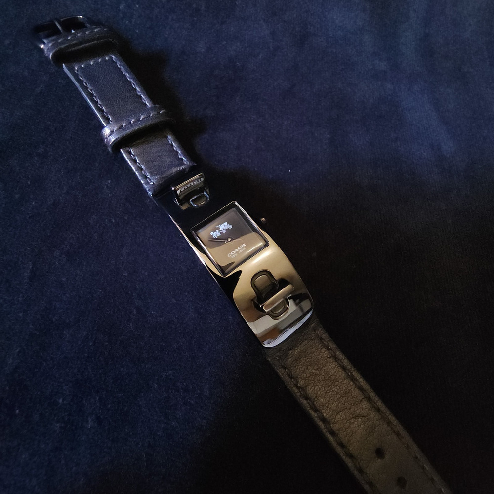 Womens Coach Swagger Black Ionized Plating Double Turnlock Leather Strap Watch